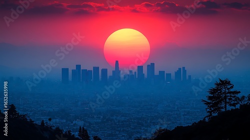 Vibrant sunset over a city skyline.