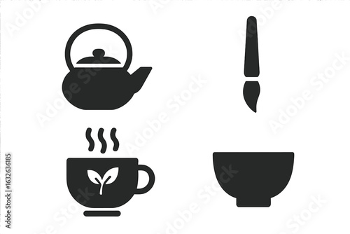Zen lifestyle solid icon set. Japanese tea ceremony vector collection with teapot, steaming herbal tea cup, calligraphy brush, matcha bowl. Tranquil spiritual symbols. Minimalistic black silhouettes.