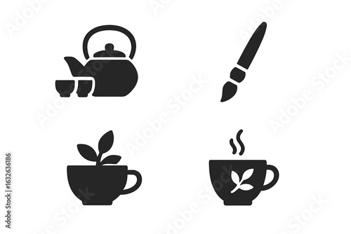 Zen tea ceremony icons set. Solid filled vector symbols of Asian tea culture, Japanese teapot with cups, calligraphy brush, herbal tea cup, steaming organic beverage. Tranquil wellness concept.