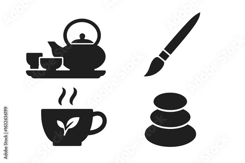 Zen lifestyle icons solid vector set. Tea ceremony utensils, calligraphy brush, herbal tea cup, spa stones. Mindfulness, relaxation, wellness, Asian culture symbols. Isolated black glyphs.