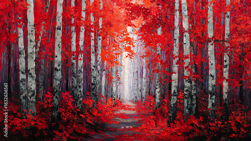 Vibrant crimson forest pathway with birch trees autumn forest red leaves