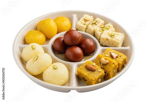 Assortment of colorful indian sweets arranged on a divided white plate for a festive presentation on transparent background