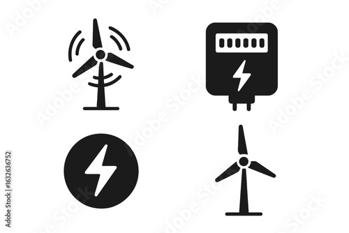 Wind energy solid icon set. Spinning turbine, windmill farm, electricity meter, voltage bolt symbol. Renewable energy production, green technology, sustainable power generation vector isolated