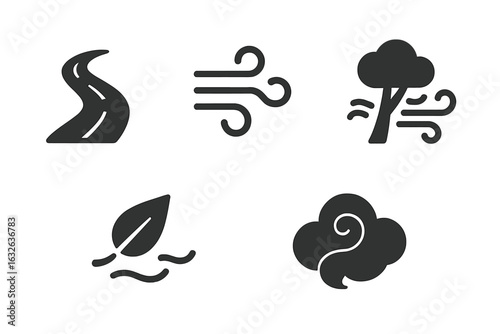 Vector set of windy weather icons. Winding road symbol, gust of wind, swaying tree in wind, fallen leaf blowing, swirling cloud. Strong breeze, storm, breeze, motion effects, isolated elements.