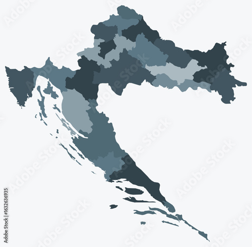 Map of Croatia with regions. Just a simple country border map with region division. Blue grey color palette. Plain Croatia shape with administrative division. Vector illustration.