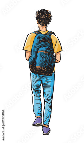 One teen student boy, casual city pedestrian walking outdoors in summer, back view, realistic sketch, contour drawing, vector illustration