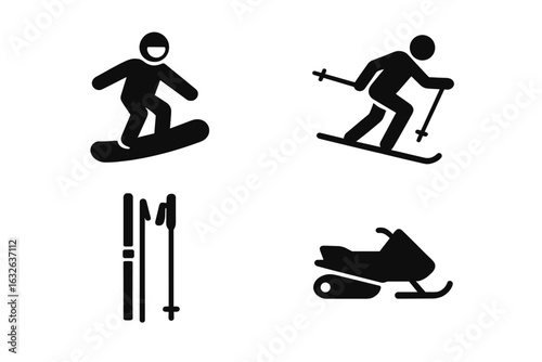 Winter sports icons set. Solid black vector illustrations of snowboarder, skier, ski poles, snowmobile. Extreme winter sports symbols for ski resort, slope activities, equipment, adventure, mountains.