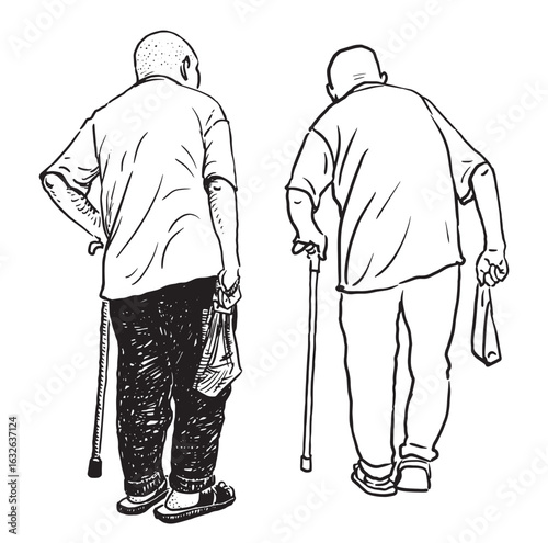 Two old city men with canes, casual pedestrians walking on street, rear view, realistic vector contour drawing