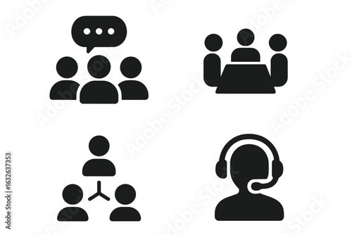 Workplace communication icons set. Solid vector design of team discussion, group chat, corporate meeting, business collaboration, remote support, conference call, headset. Office teamwork concept.