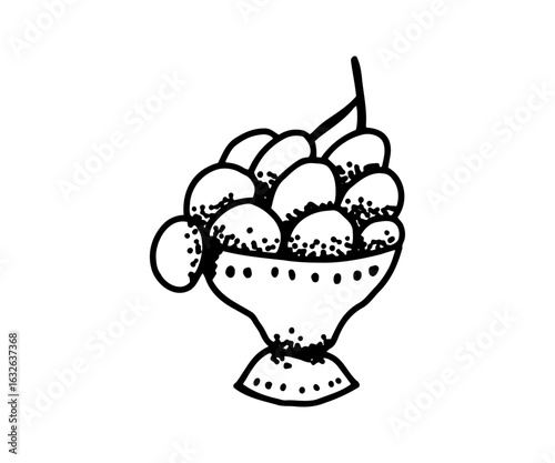 Hand-drawn bunch of grapes in a decorative bowl. Black and white vintage fruit illustration.