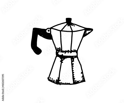Black and white sketch of a moka pot coffee maker. Retro hand-drawn kitchen appliance illustration.
