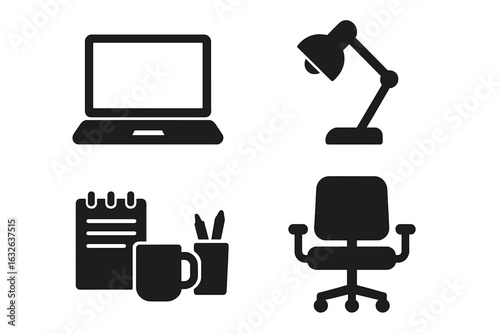Modern Office Workspace Icon Set. Solid filled vector illustration of essential work from home items. Laptop, desk lamp, office chair, notepad, coffee mug, pen holder. Minimalist productivity symbols.