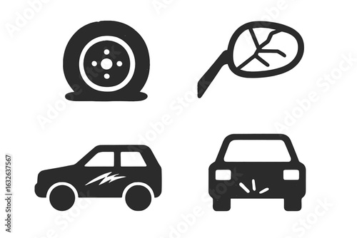 Damaged Vehicle Symbols Set. Flat Tire, Broken Car Mirror, Scratched Paint, Dented Bumper Icon Collection. Automotive Accident, Repair, Insurance Claim, Auto Crash, Road Hazard Vector Illustration