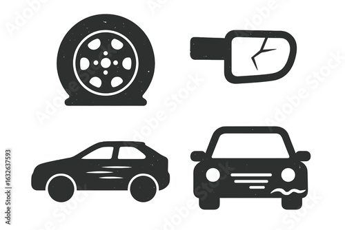 Damaged Car Icon Set. Flat Tire, Broken Side Mirror, Scratched Paint, Dented Bumper. Worn Automobile Symbol Collection. Vehicle Damage Signs. Black Grunge Silhouette Vector Illustration.