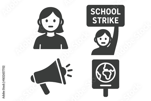 Youth Climate Activism Vector Icons Set. Solid Filled Illustrations of Young Climate Activist, School Strike Protester, Megaphone, Environmental Poster, Global Warming Awareness Symbol