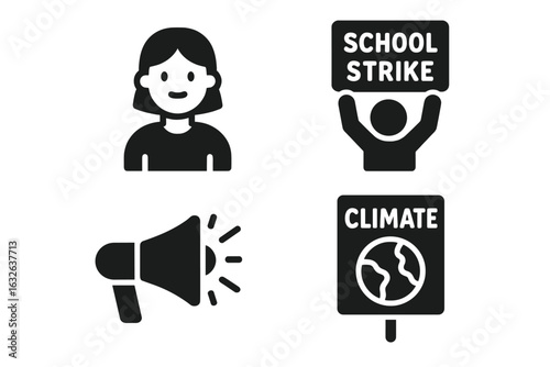 Youth Climate Activism Vector Icons Set. Young Activist, School Strike, Climate Change Protest Signs, Megaphone, Environmental Awareness, Student Movement Symbols, Black Silhouette Illustration