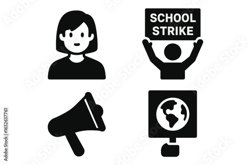 Youth Climate Activism Solid Icon Set. Young Activist, School Strike Protest, Environmental Megaphone, Earth Poster, Climate Action, Student March, Social Justice, Vector Illustration Transparent
