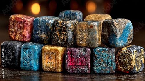 Mystic Runes: A Collection of Engraved Stone Cubes