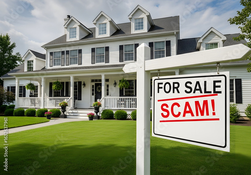 Beware of real estate scams a deceptive for sale sign in front of a beautiful suburban home