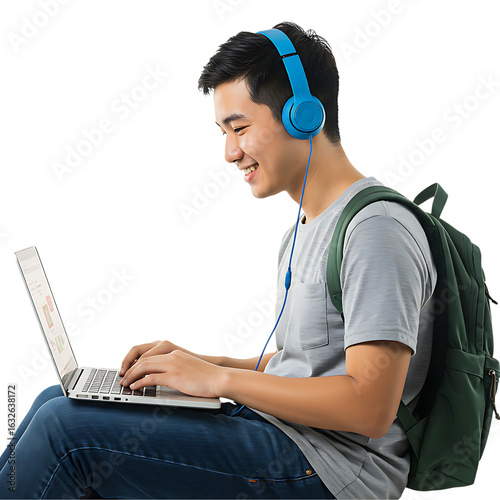 Smiling Asian college student with headphones and a backpack studying on a laptop.