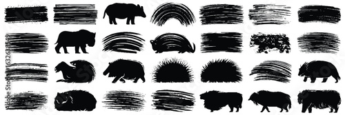  set of distinct animal and brush silhouette stocke designs in varying widths and styles, all rendered in black and gray.
