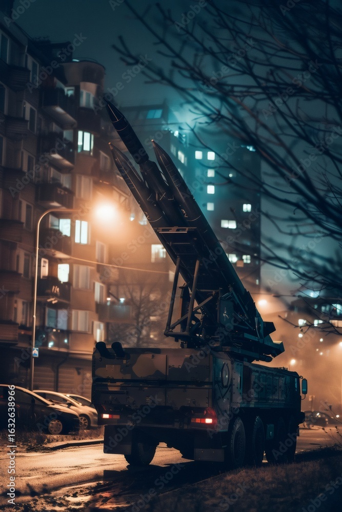Fototapeta premium Mobile rocket launcher parked on city street at night