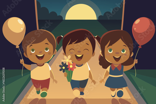 Children with balloons and flowers entering schoolyard in morning sun