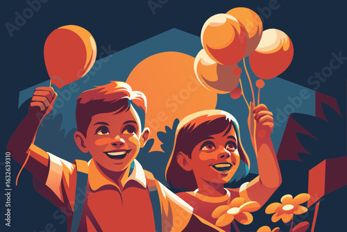 Children with balloons and flowers entering schoolyard in morning sun