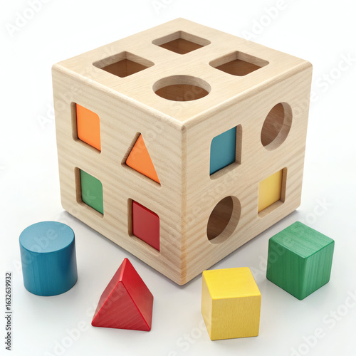 Realistic Wooden Shape Sorter Cube with Colorful Blocks, White Background, No Shadow