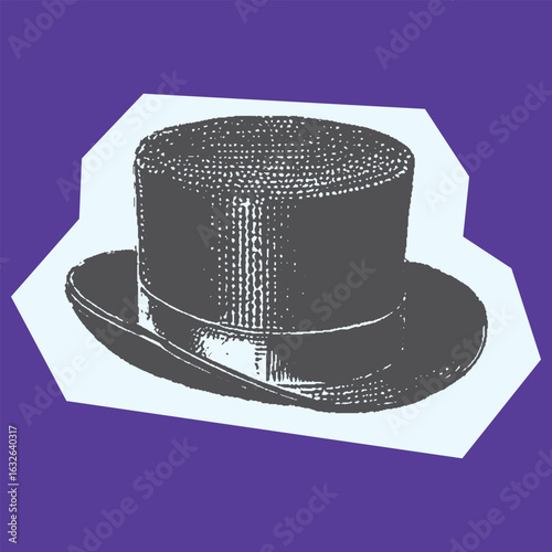 Top hat in vintage style with engraving texture. Black and white vector illustration of a formal classic accessory.