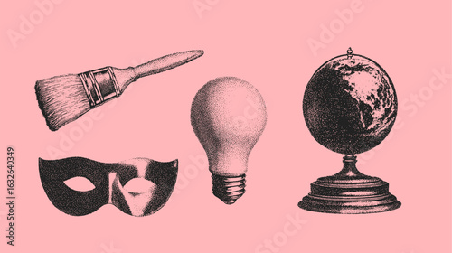 Set of paintbrush, mask, bulb, and globe in vintage engraving style. Black hatched illustration with texture on pink background, retro vector graphic.