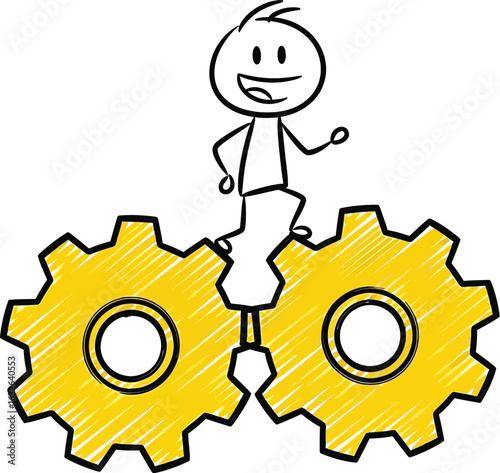 Stick figure gears machine process work progress mechanism