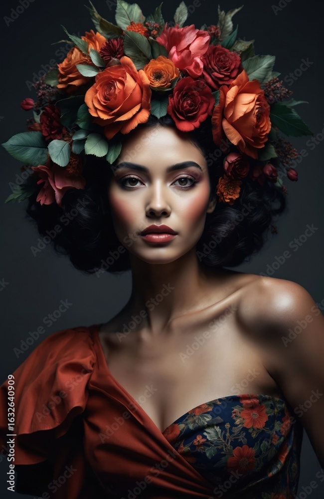Naklejka premium Vibrant woman in floral headdress with red, orange flowers, wearing bold makeup. Curly hair, red, blue outfit, white dress, dark gray background create striking contrast. Editorial, fashion, beauty,