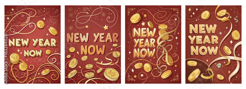 Set of four vibrant posters with New Year Now phrase and swirling golden coins on red background