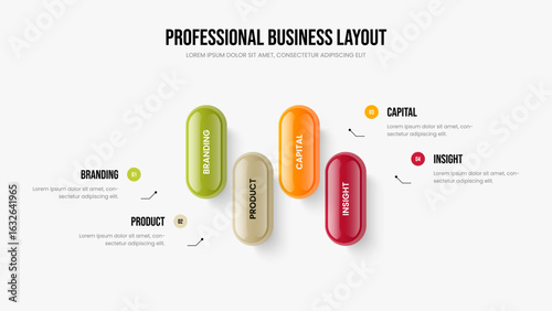 Investor Plan Four Element Diagram Slide Template. Consulting Strategy Frame Layout Vector Illustration. Professional Development 4 Option Infographic Presentation Design.