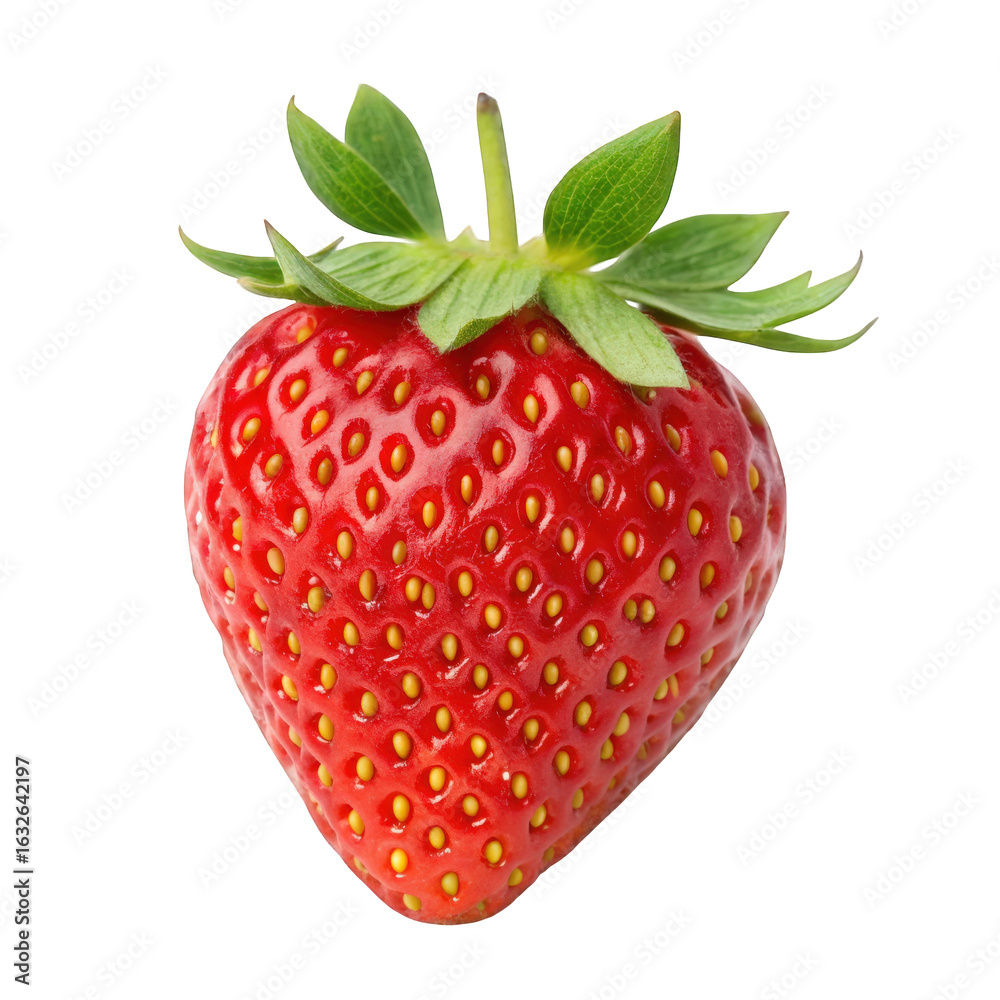 Fototapeta premium Isolated close up of a single red strawberry with green leaves attached on transparent background