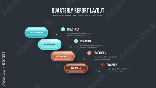 Visual Overview 4 Step Diagram Slide Template. Enterprise Briefing Frame Layout Vector Illustration. Business Planning Four Option Infographic Slideshow Design.