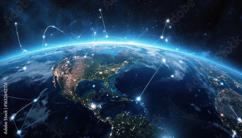 Digital globe of Earth with blue hue and white clouds. Dark blue backdrop with floating white lines and dots forming global network connections. Perspective from below shows planet surface.