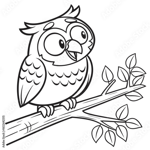 Vector illustration of Comical depiction of owl on wooden perch of coloring page black and white