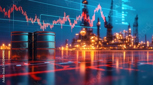 Oil barrels in front of a digital stock market display and oil rigs.