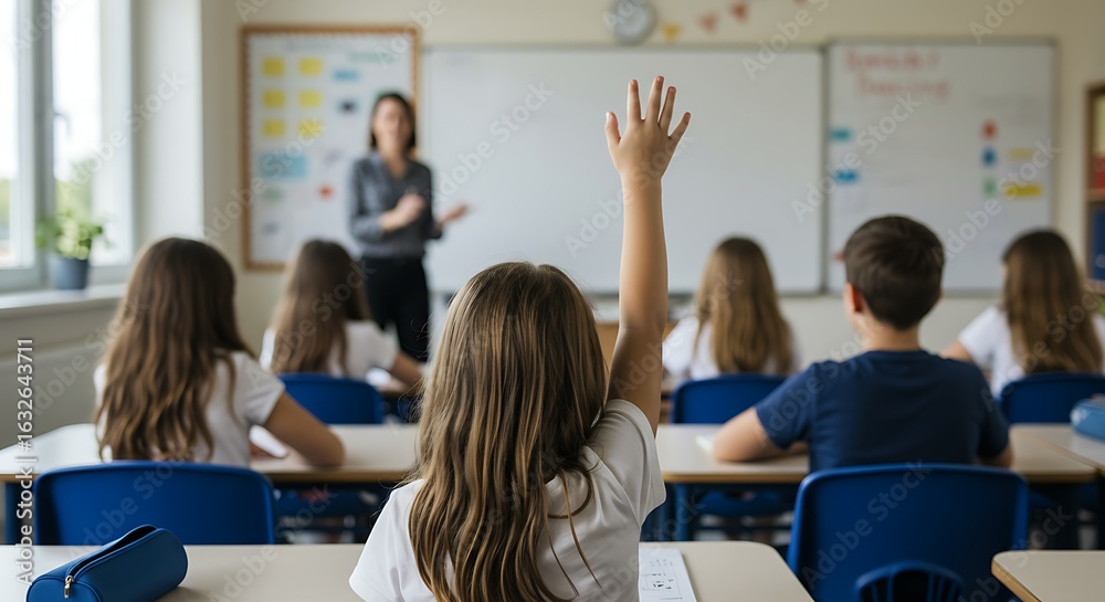 Fototapeta premium Young student raising a hand in a bright classroom to answer the teacher's question.