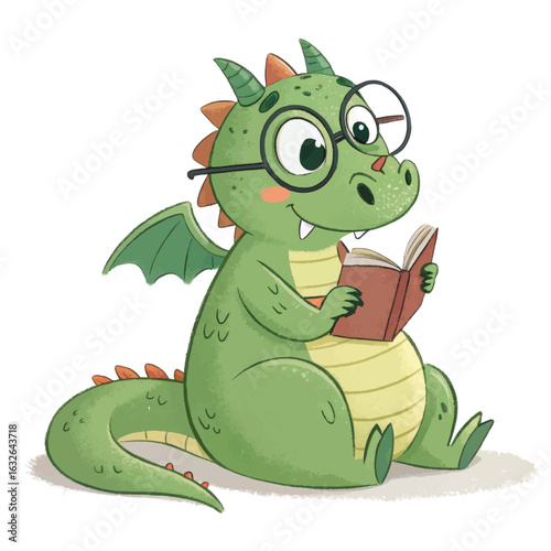 Green Chubby Dragon with Oversized Glasses and a Book, Sitting Cross-Legged, Nerdy Look