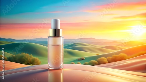 Serene Sunset:  Luxury Skincare Serum Bottle Mockup, Idyllic Landscape Background.