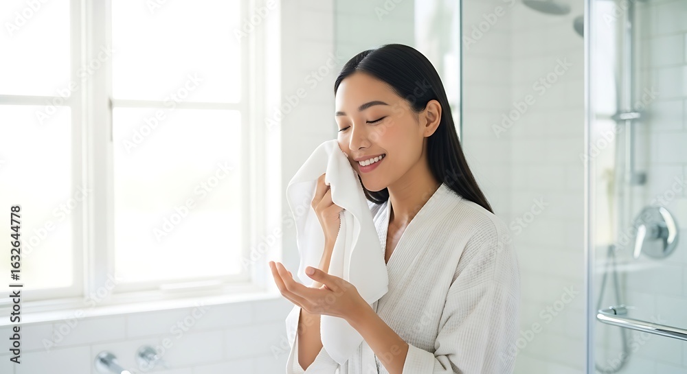 Woman drying her face with a towel in a bathroom. Woman drying her face with a towel in a bathroom.