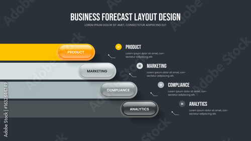Modern Overview Four Element Infographic Frame Design. Professional Proposal Slideshow Layout Vector Illustration. Digital Showcase 4 Step Diagram Presentation Template.