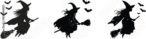 A captivating silhouette of a witch flying on a broom, surrounded by bats