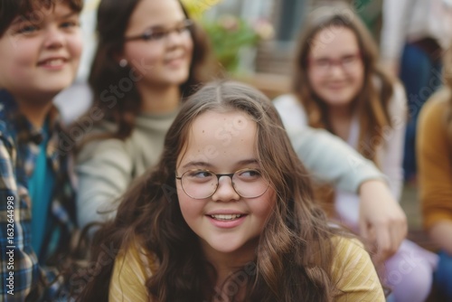 Portrait of smiling teenager girl with down syndrome and friends