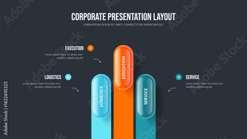Modern Solution 3 Element Diagram Frame Layout. Corporate Strategy Slide Template Vector Illustration. Business Campaign Three Step Infographic Presentation Design.