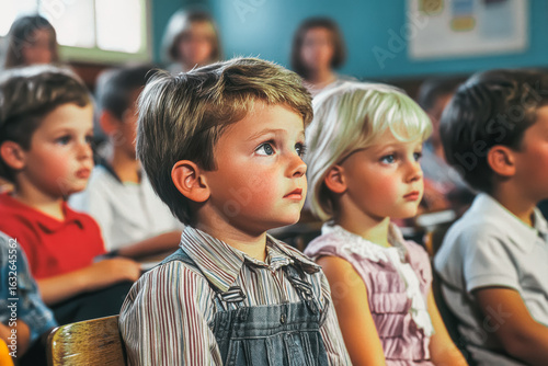 Young children are seated in a classroom, focused on the lesson, with a vibrant and engaging environment, showcasing their expressions of curiosity and interest in learning