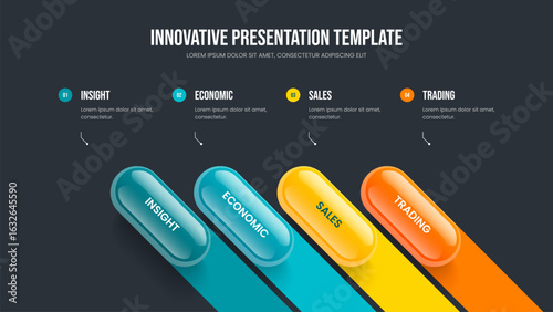Business Review Four Element Infographic Frame Template. Product Performance Slideshow Layout Vector Illustration. Consulting Campaign 4 Option Diagram Presentation Design.